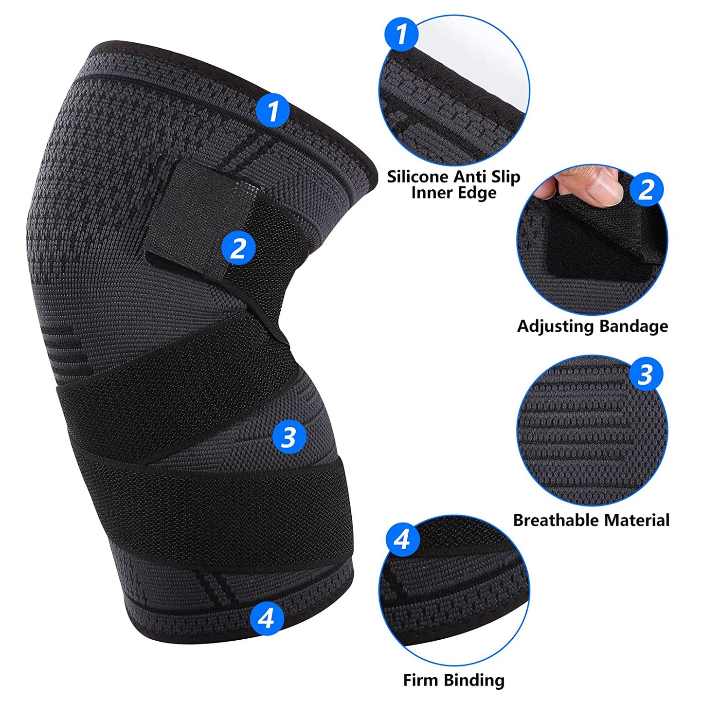 Knee Sleeve, Breathable Compression Knee Brace for Men and Women, Adjustable Running Knee Support for Patellar Tendon Joint Pain and Arthritis Relief Black (Large)